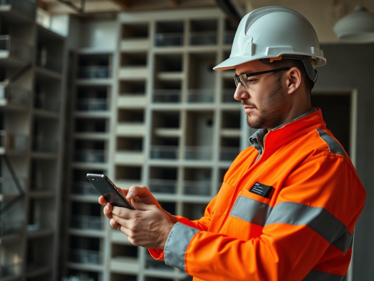 Site manager reviewing a snag list on a phone during a site walk